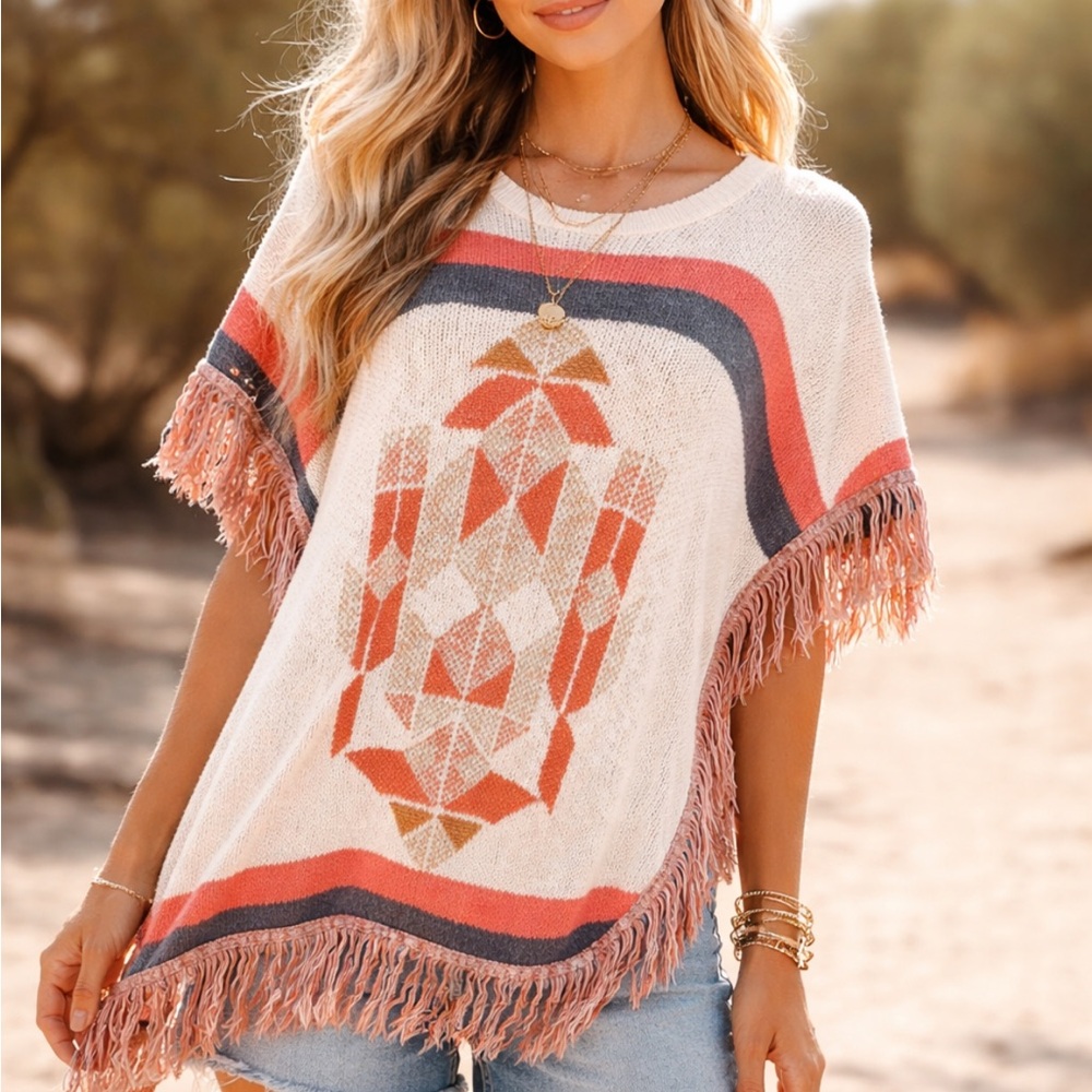Say What? Geometric Patterned Fringe Poncho